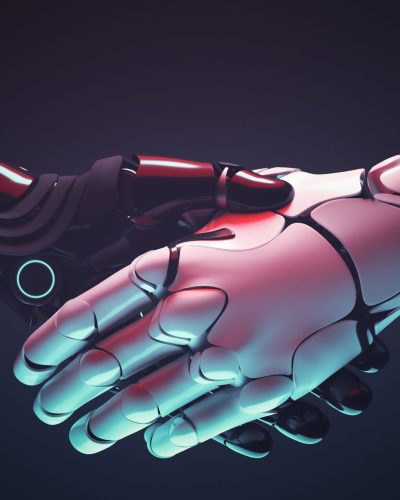 Robots handshake. Robotic hands gesture of deal and agreement